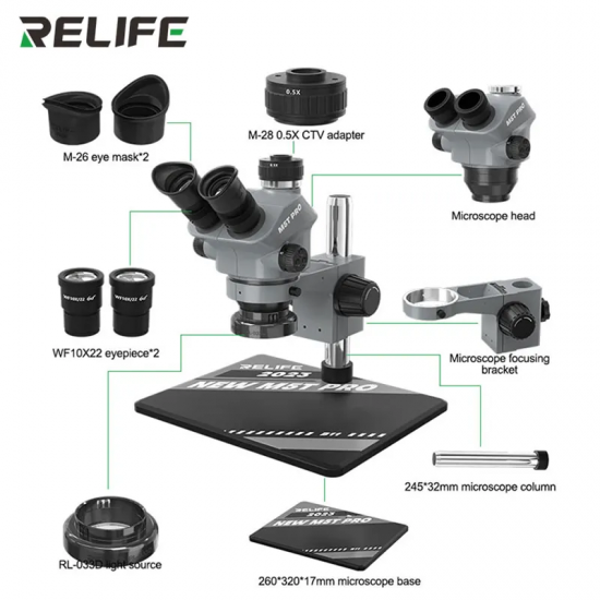 RELIFE RL-M5T Pro-B11 7-50 Times Continuous Zoom Clear Imaging Trinocular HD Microscope