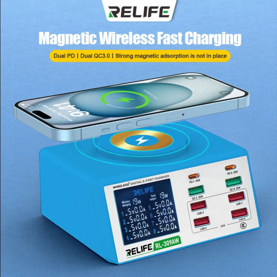 RELIFE RL-309AW Multi-port Digital Display Fast Charger with Wireless Charging