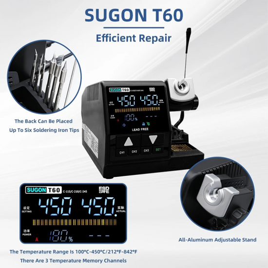 SUGON T60 Soldering Station Compatible Original 115/210/245 Iron Tip With Double Handle Digital Display Welding Rework Station