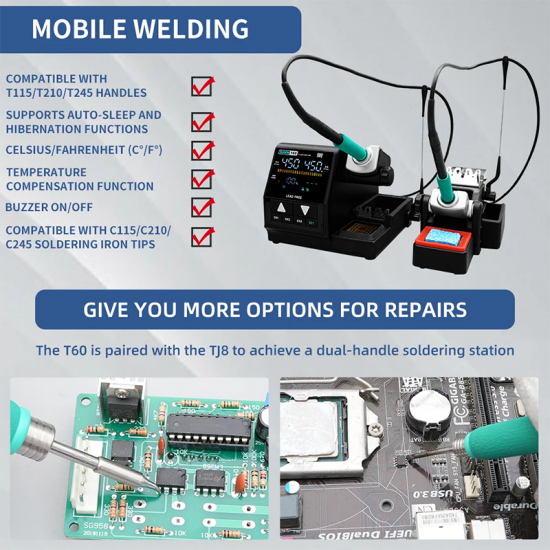 SUGON T60 Soldering Station Compatible Original 115/210/245 Iron Tip With Double Handle Digital Display Welding Rework Station