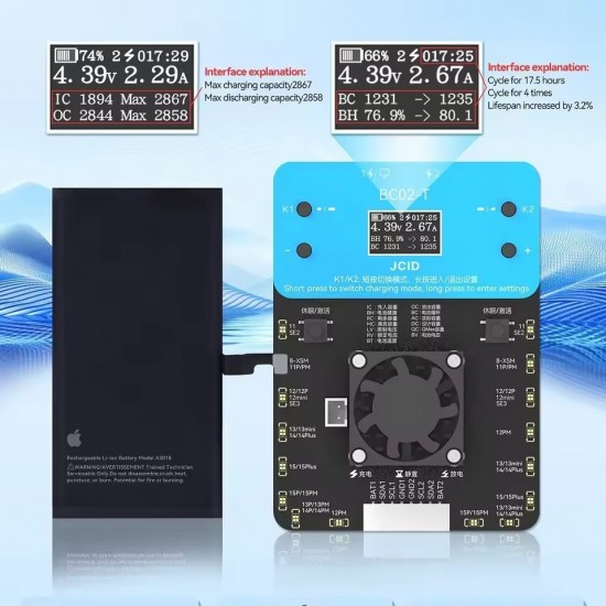 JCID BC02-T – iPhone Battery Health & Cycle Tester for Professional Repair JCID BC02-T Battery Cycle Tester for iPhone 8 to iPhone 16 Pro Max Battery Repair