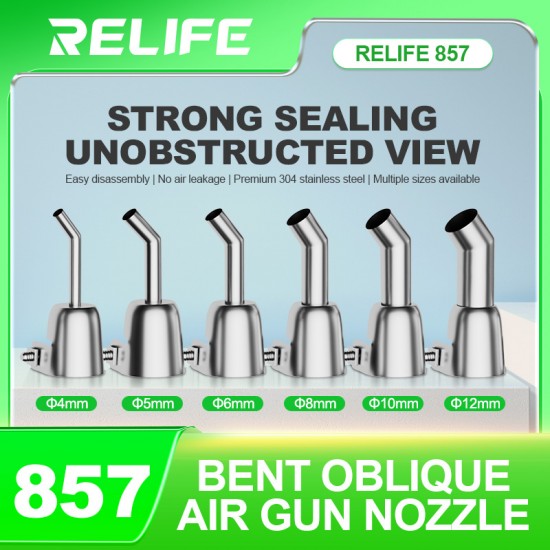 RELIFE 857 Series – Angled 304 Stainless Steel Nozzle Set for Hot Air Rework Stations RELIFE 857 Series 4–12mm Angled Stainless Steel Hot Air Gun Nozzle Set for 850/857 Heat Guns