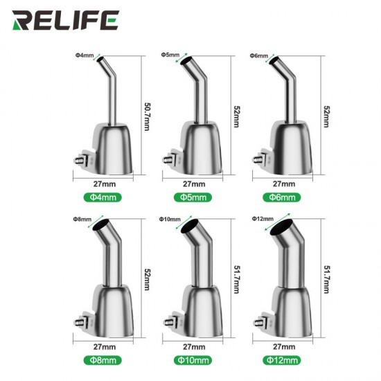 RELIFE 857 Series – Angled 304 Stainless Steel Nozzle Set for Hot Air Rework Stations RELIFE 857 Series 4–12mm Angled Stainless Steel Hot Air Gun Nozzle Set for 850/857 Heat Guns