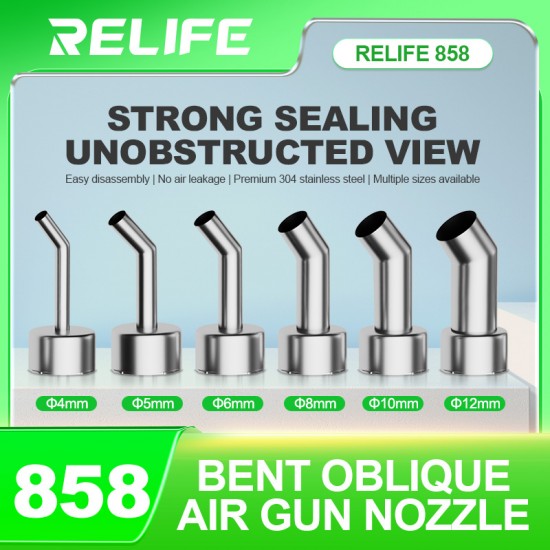 RELIFE 858 Series – Angled Hot Air Nozzle Set for Microscope Soldering & Repair Work RELIFE 858 Series 4–12mm Bent Oblique Hot Air Gun Nozzle Tips for Phone Repair