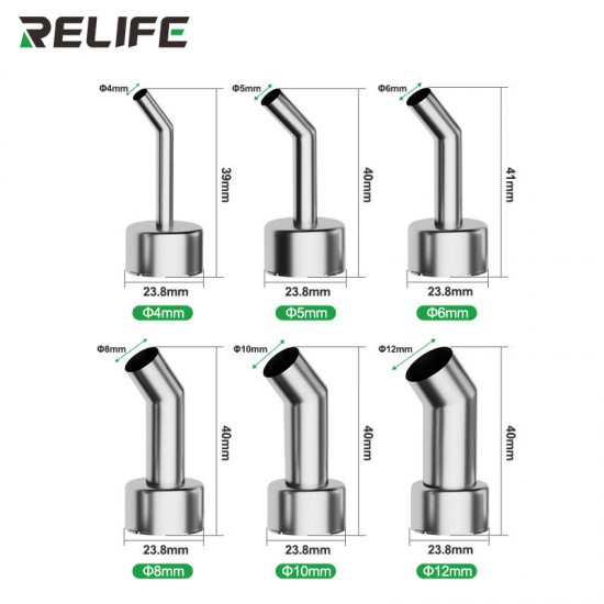RELIFE 858 Series – Angled Hot Air Nozzle Set for Microscope Soldering & Repair Work RELIFE 858 Series 4–12mm Bent Oblique Hot Air Gun Nozzle Tips for Phone Repair
