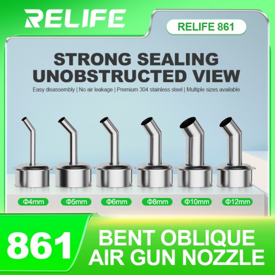 RELIFE 861 Series – Rust-Proof 45° Curved Hot Air Gun Nozzles Set for Repair Work RELIFE 861 Series 4–12mm Angled Hot Air Nozzles for Microscope Soldering and Phone Repair