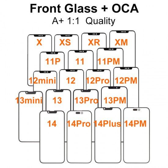 Grade A+ 1:1 Quality Front Glass with OCA Replacement for iPhone X to 15ProMax