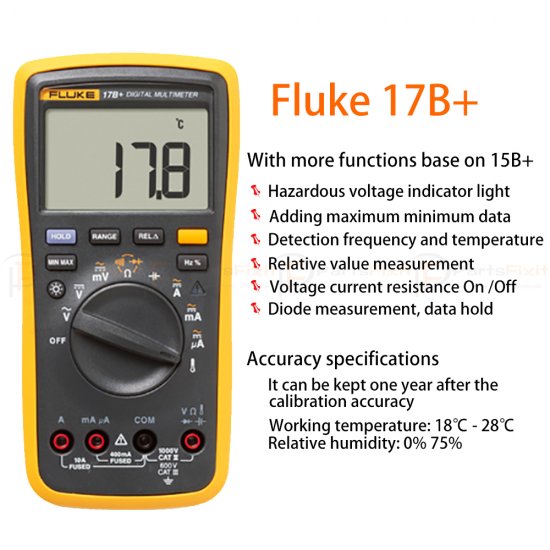 Fluke 17B+ Digital Multimeter Auto Range for AC/DC Voltage Resistance Capacitance Frequency Tester