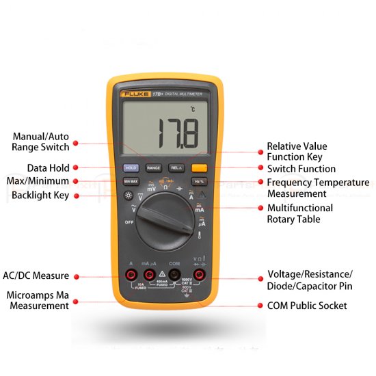 Fluke 17B+ Digital Multimeter Auto Range for AC/DC Voltage Resistance Capacitance Frequency Tester