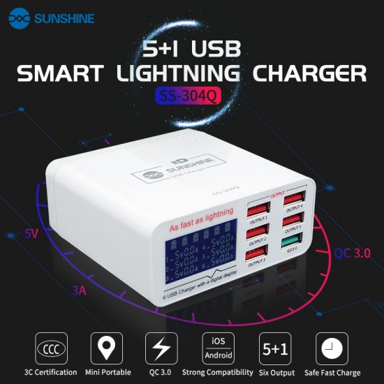 6 USB Smart Charge Support QC 3.0 Fast Charge Applicable to iPhone and Android #SUNSHINE