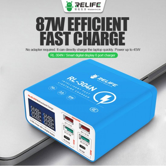 RELIFE RL-304N Smart Digital Display 6 Port Charger Socket QC3.0 Desktop Fasting Charging Station