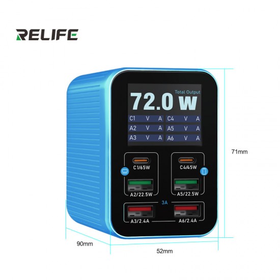 72W Multi-Port Fast Charger for Phones, Tablets, and Laptops – Compact Design RELIFE Q4 72W Smart 6-Port Fast Charger with LED Indicators for Repair Shops