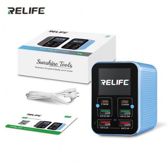 72W Multi-Port Fast Charger for Phones, Tablets, and Laptops – Compact Design RELIFE Q4 72W Smart 6-Port Fast Charger with LED Indicators for Repair Shops