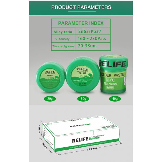 RELIFE No-clean Soldering Paste RL-400 RL-401 RL-402 40g Sn63/Pb67 183°C Solder Paste for iphone phone BGA Reballing Soldering