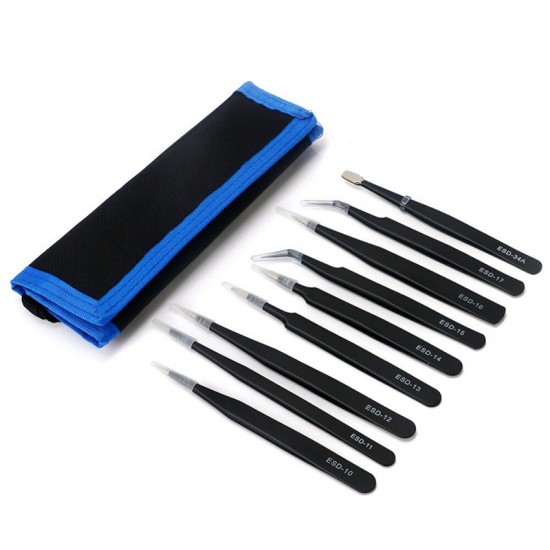 9 in 1 ESD Precision Stainless Steel Tweezers Set Anti Static Repair Tools Kit for Electronics Phone Repairing BGA Work