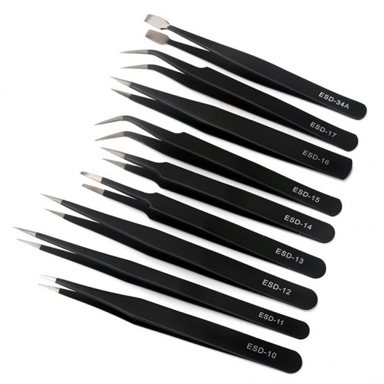 9 in 1 ESD Precision Stainless Steel Tweezers Set Anti Static Repair Tools Kit for Electronics Phone Repairing BGA Work