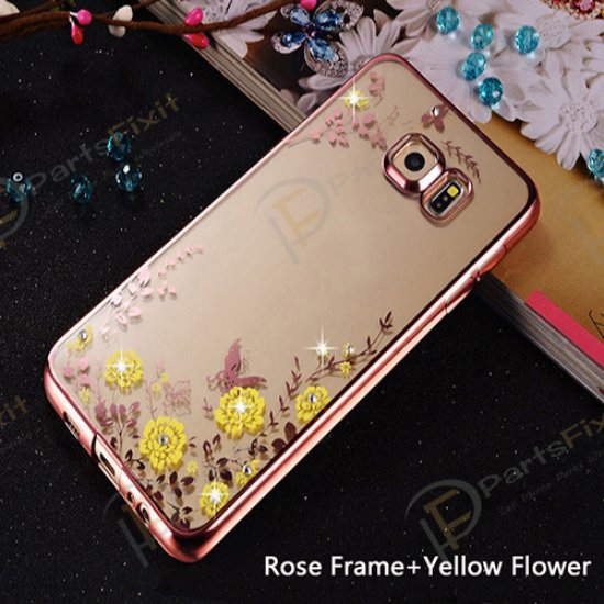 Secret Garden Plating Build Diamond Rose Flowers Butterfly Case Ultrathin Soft TPU Rose Gold Frame Yellow Flower Phone Case for Samsung