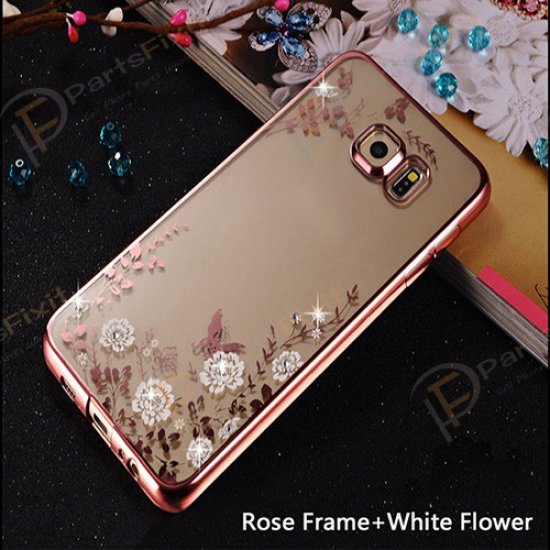 Secret Garden Plating Build Diamond Rose Flowers Butterfly Case Ultrathin Soft TPU Rose Gold Frame White Flower Phone Case for Samsung