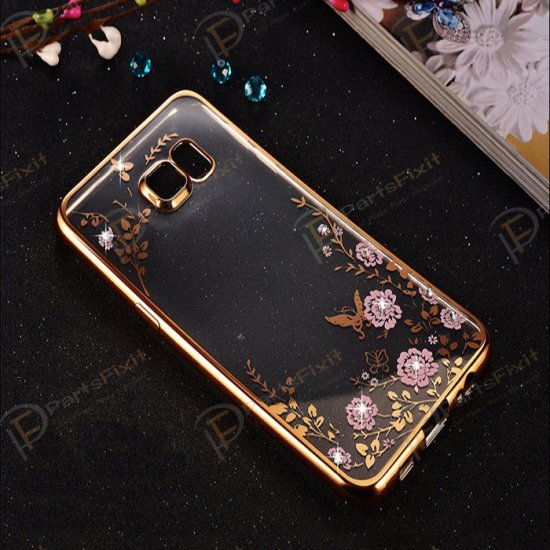 Secret Garden Plating Build Diamond Rose Flowers Butterfly Case Ultrathin Soft TPU Gold Frame Pink Flower Phone Case for Samsung