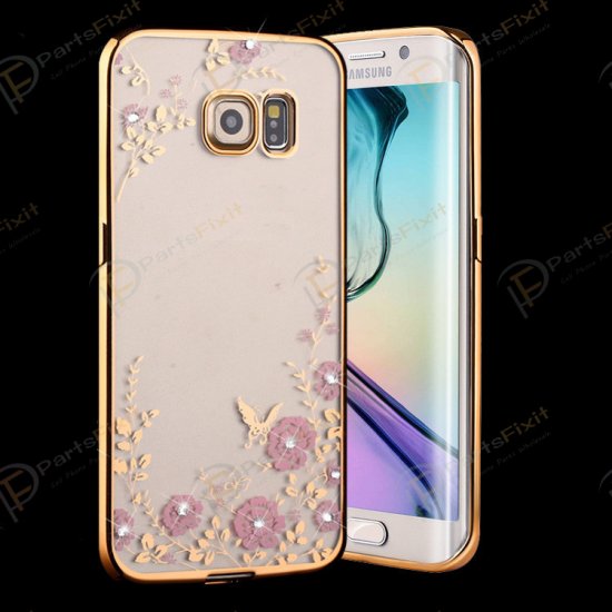 Secret Garden Plating Build Diamond Rose Flowers Butterfly Case Ultrathin Soft TPU Gold Frame Pink Flower Phone Case for Samsung