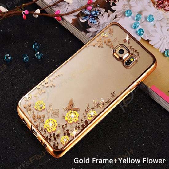Secret Garden Plating Build Diamond Rose Flowers Butterfly Case Ultrathin Soft TPU Gold Frame Yellow Flower Phone Case for Samsung