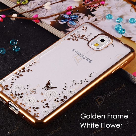 Secret Garden Plating Build Diamond Rose Flowers Butterfly Case Ultrathin Soft TPU Gold Frame White Flower Phone Case for Samsung