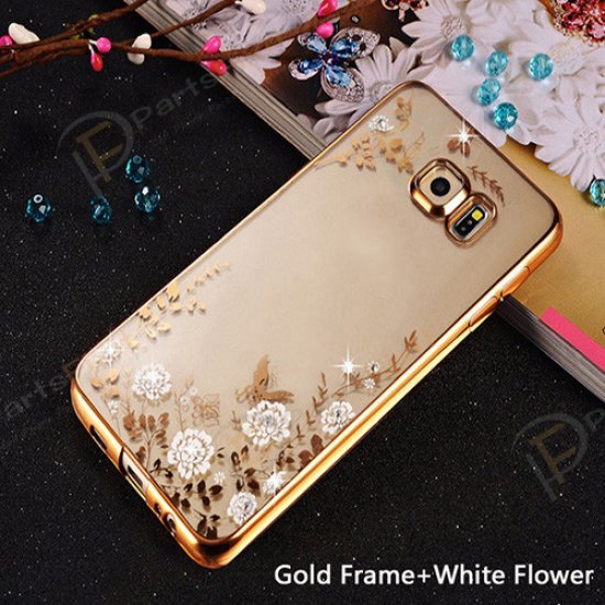 Secret Garden Plating Build Diamond Rose Flowers Butterfly Case Ultrathin Soft TPU Gold Frame White Flower Phone Case for Samsung